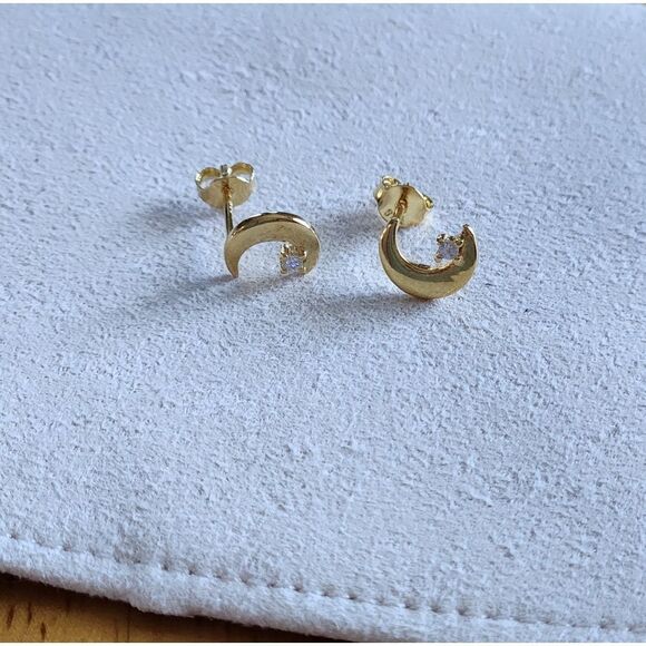 Tiny Crescent Moon Earrings With CZ 925 Silver - Picture 3 of 5